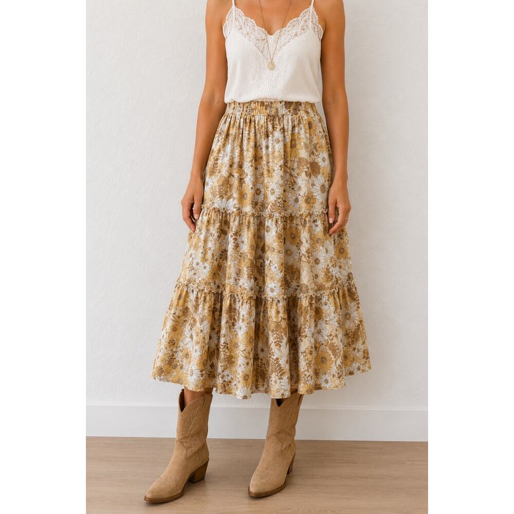 POLAGRAM Floral Tiered Midi Skirt Boho Cottagecore Prairie Skirt | Large
